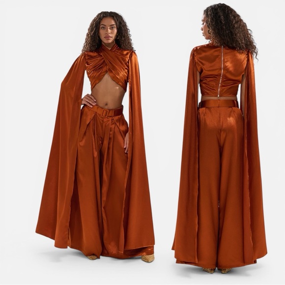 AKIRA Tops - AKIRA Metallic Copper Satin Draped Crop Top with Cape Sleeves